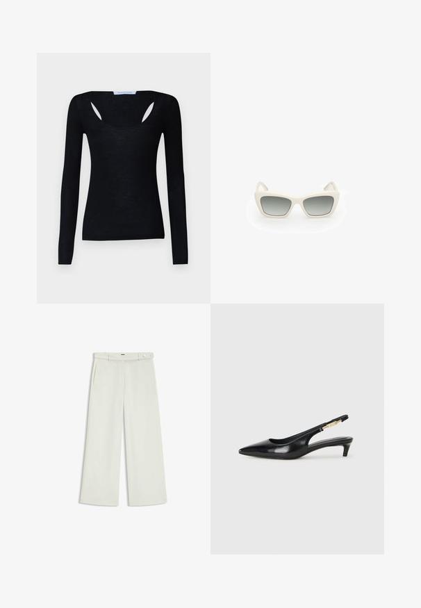 Schwarzes langärmliges Oberteil mit geripptem Muster, ausgestattet mit einem runden Ausschnitt und Ausschnitten an den Schultern, aus einem weichen Stoff gefertigt.; Weite Hose aus zartem Creme-Stoff, mit seitlichen Taschen, flatem Bund und einer Knopfverschluss an der Taille. Glatte Textur.; Schwarze Leder-Slingback-Pumps mit spitzem Schuhblatt, ausgestattet mit einem schlanken Absatz und einem goldfarbigen Akzent am verstellbaren Riemen. Glatte Textur.; Sonnenbrille mit einem Cat-Eye-Design, weißem Kunststoffrahmen, grauen Verlaufsgläsern und dünnen Bügeln mit subtilen Markenakzenten.