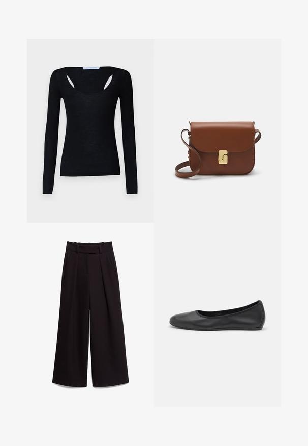 Schwarzes langärmliges Oberteil mit geripptem Muster, ausgestattet mit einem runden Ausschnitt und Ausschnitten an den Schultern, aus einem weichen Stoff gefertigt.; Schwarze weit geschnittene Hose aus glattem Stoff, mit hoher Taille, Gürtelschlaufen und zwei Vorderaschen. Die Faltenstruktur sorgt für Textur.; Schwarze Leder-Ballettschuhe mit abgerundeter Spitze, glatter Textur, minimalen Nähdetails und einem flexiblen Sohlen-Design.; Braune Ledertasche mit Klappenverschluss, Beschlägen in Goldfarbe, einem Schultergurt und einer glatten Oberfläche. Kompakte rechteckige Form.