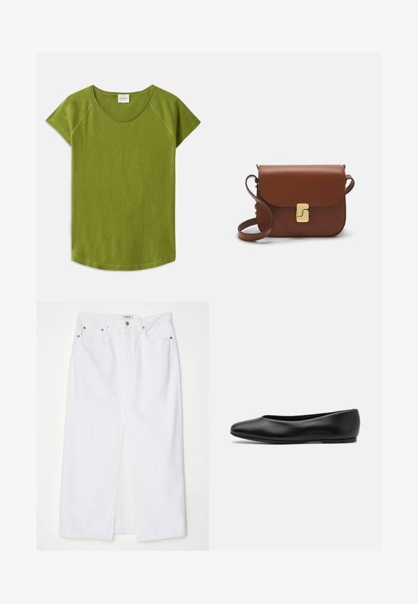 Zielona koszulka z krótkim rękawem, wykonana z miękkiego materiału. Posiada okrągły dekolt i luźny krój. Czysty design bez widocznych wzorów czy akcentów.; Biała spódnica dżinsowa z rozcięciem z przodu, pięcioma kieszeniami, metalowym guzikiem oraz zapięciem na zamek błyskawiczny, a także z haftowanymi detalami na hemie.; Paul Smith TOPANGA czarny; Brązowa skórzana torebka na ramię z klapką, złotymi detalami, paskiem na ramię i gładką teksturą. Kompaktowy prostokątny kształt.
