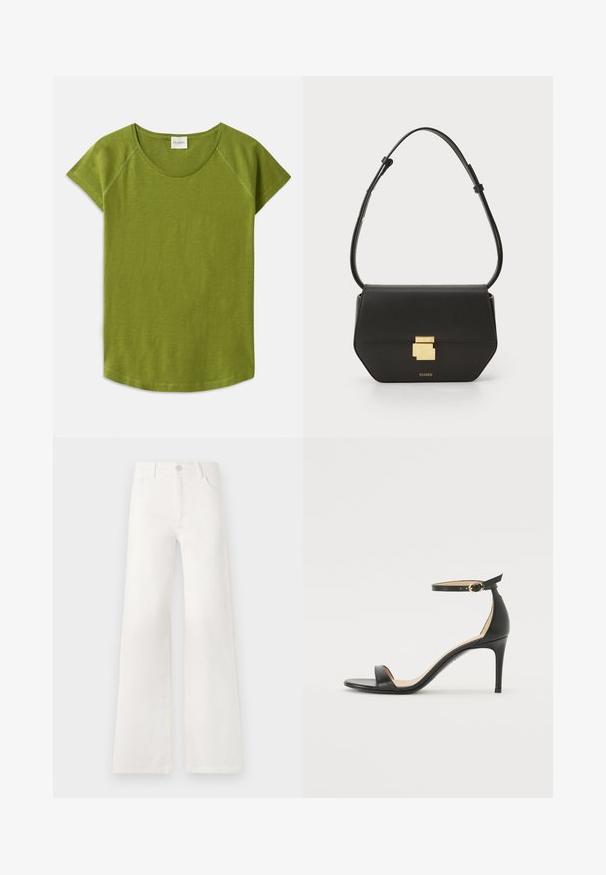 Groene t-shirt met korte mouwen, gemaakt van zachte stof. Heeft een ronde halslijn en een relaxte pasvorm. Eenvoudig ontwerp zonder zichtbare patronen of accenten.; Witte, hoogwaist, wijde jeans van denim. Heeft een knoopsluiting, twee voorkruiszakken en zijnaadstiksel details.; Zwarte leren hoge hak sandaal met enkelbandje. Heeft een gladde textuur, open teen en een dunne hak. Gouden gesp detail.; CLOSED CLOSED ONE - Schoudertas - black