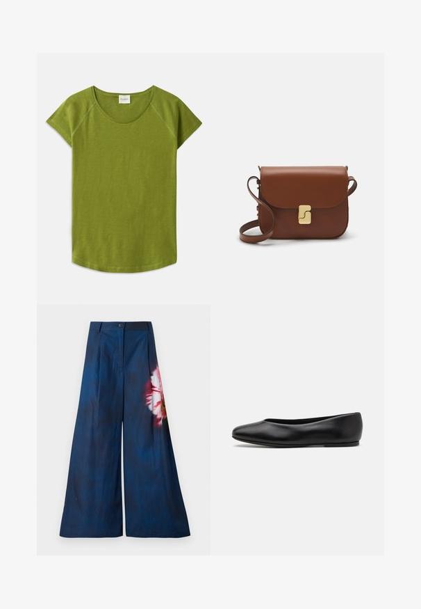Zielona koszulka z krótkim rękawem, wykonana z miękkiego materiału. Posiada okrągły dekolt i luźny krój. Czysty design bez widocznych wzorów czy akcentów.; Spodnie szerokie w ciemnonawowym materiale, z haftowanym wzorem kwiatowym w różowym i żółtym na jednej stronie, z zapięciem na guzik w talii.; Paul Smith TOPANGA czarny; Brązowa skórzana torebka na ramię z klapką, złotymi detalami, paskiem na ramię i gładką teksturą. Kompaktowy prostokątny kształt.