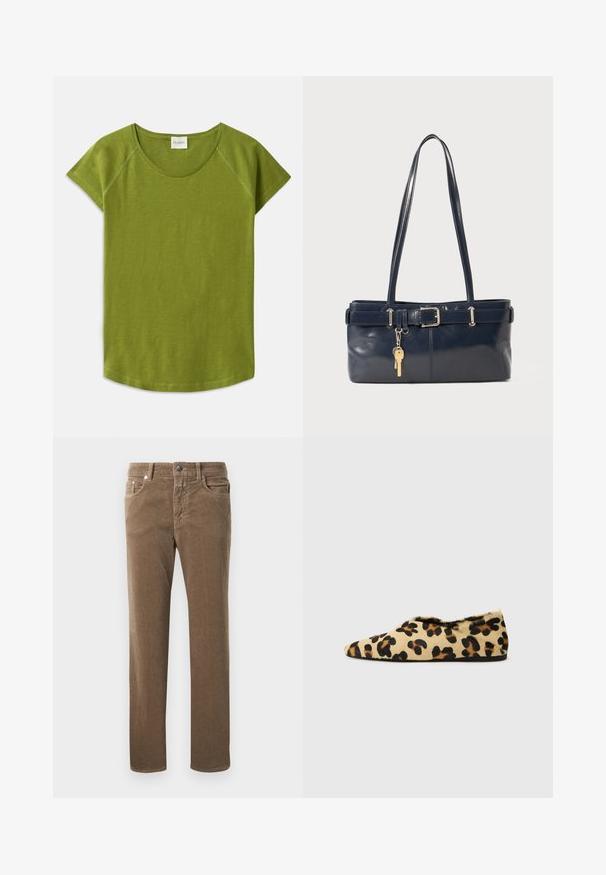 Zielona koszulka z krótkim rękawem, wykonana z miękkiego materiału. Posiada okrągły dekolt i luźny krój. Czysty design bez widocznych wzorów czy akcentów.; Brązowe nogawki w prążki proste z przednimi kieszeniami, szlufkami na pasek i zapięciem na guzik na białym tle.; Płaskie buty w panterkę z miękkiego futra, z charakterystycznym stożkowym noskiem i niskim profilem. Naturalne odcienie z czarnymi akcentami.; Granatowa skórzana torebka z dwoma długimi uchwytami, detalem w postaci klamry oraz dołączonym breloczkiem. Charakteryzuje się gładką teksturą i prostokątnym kształtem.