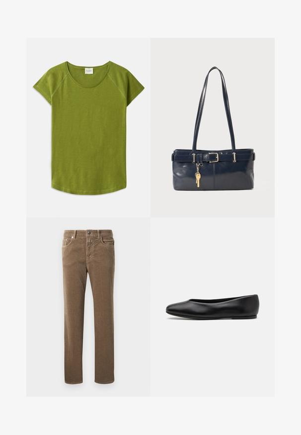 Roheline, lühikeste varrukatega t-särk, mis on valmistatud pehmest kangast. Omab ümarat kaelust ja lõdva istuvust. Puhtad jooned ilma nähtavate mustrite või aktsentideta.; Pruunist korduroost sirged püksid esikottide, vöökummide ja nööpkinnitusega valge tausta peal.; Paul Smith TOPANGA - Baleriinad - black; Tumedast nahast käekott kahe pika käepidemega, pandla detailiga ja võtmehoidjaga. Omab siledat tekstuuri ja ristkülikukujulist vormi.