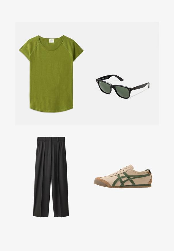 Zelené tričko s krátkým rukávem vyrobené z měkké tkaniny. Má kulatý výstřih a volný střih. Čistý design bez viditelných vzorů nebo akcentů.; Černé, široké kalhoty z hladké tkaniny. Mají vysoký pas, poutka na opasek a přední sklady pro přidanou strukturu.; Béžové kožené tenisky se zelenými akcenty, s kulatou špičkou, plochou podrážkou a semišovými detaily na špičce a patě.; Černé plastové sluneční brýle se zelenými skly, čtvercové obroučky, stříbrný detail na obočí a texturované stranice. Značka uvedená na vnitřní straně stranic.
