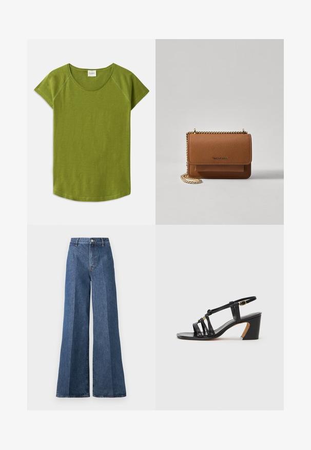 Zöld, rövid ujjú póló, puha anyagból készült. Kerek nyakkivágással és laza szabással rendelkezik. Tiszta dizájn, látható minták vagy díszítések nélkül.; Nagyméretű kék farmernadrág magas derékkal, klasszikus öt zsebes stílussal és gombos záródással, struktúrált pamutszövetből készült.; Paul Smith AMIRA - Klasszikus sarkú cipők - black; Barna textúrájú bőr keresztbody táska arany lánc pánttal és fedélzárral. Az elején logó részlet és egy zseb található a fedél alatt.