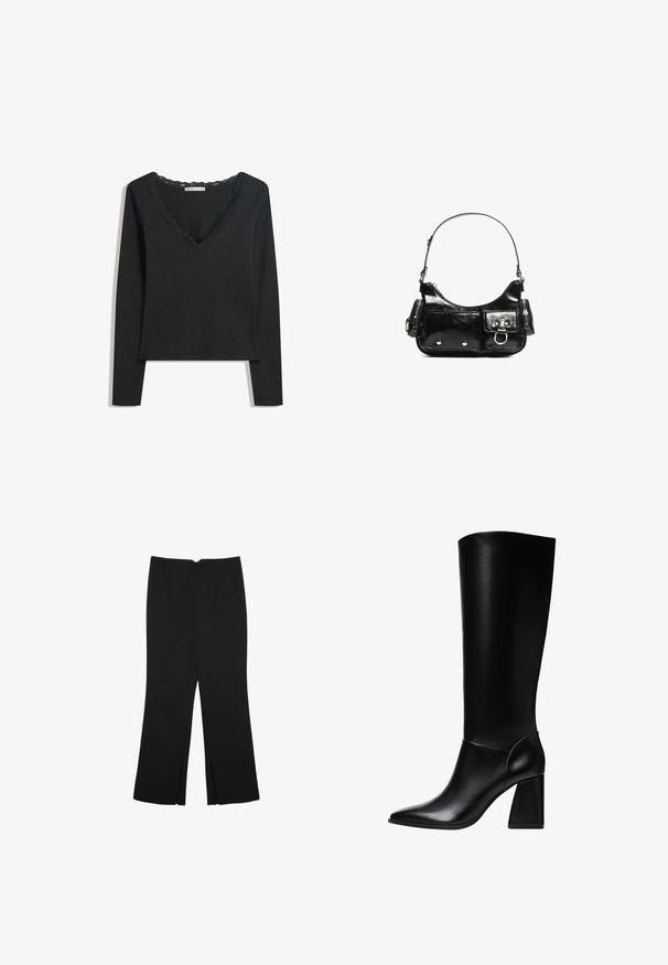 Črna dolga majica z dolgimi rokavi, izdelana iz mehkega blaga. Ima globok V-izrez z valovito čipkastim obrobo in oprijet silhueto. Brez vidnih vzorcev.; Črne hlače ravnega kroja z naglavnimi žepi in stranskimi razporki na robu. Narejene iz mehke, gladke tkanine. Primerne za različne priložnosti.; Stradivarius Škornji z visoko peto - black; Črna lakasta usnjena torbica s ukrivljeno obliko, enim ramenskim trakom, sprednjimi žepi in srebrnimi kovinskimi dodatki.