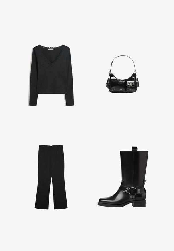 Čierny top s dlhým rukávom vyrobený z mäkkej látky. Má hlboký výstrih do V so zvlneným čipkovaným lemovaním a priliehavý strih. Žiadne viditeľné vzory.; Čierne nohavice so strihom rovného strihu, s prednými vreckami a bočnými rozparkami na leme. Vyrobené z mäkkej, hladkej tkaniny. Vhodné na rôzne príležitosti.; Čierne kožené čižmy po kolená s špicatou špičkou, striebornými prackami a robustným podpätkom. Obsahujú pútko pre jednoduché obúvanie.; Čierna laková kožená kabelka s ohnutým tvarom, jedným ramenným popruhom, prednými vreckami a striebornými kovovými doplnkami.