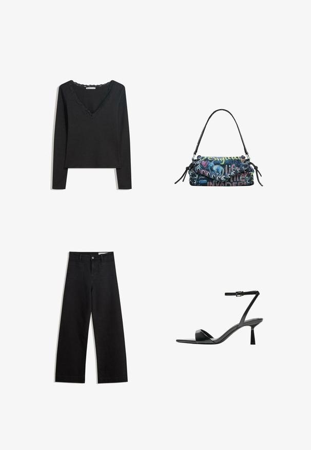 Zwarte lange mouwen top van zachte stof. Heeft een diepe V-hals met een golvende kantafwerking en een aansluitende silhoeet. Geen zichtbare patronen.; Zwarte denim broek met wijde pijpen en een hoge taille, voorzien van voor- en achterzakken, gestikte naden en een knoopsluiting. Gladde textuur.; Bershka Sandalen met hoge hak - black; Multikleurige canvas handtas met een kattenafbeelding en bedrukte tekst, met een gebogen vorm, bovenhandvat en decoratieve vetersluiting accenten.