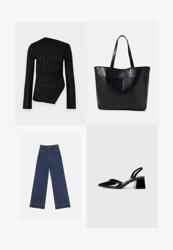 Sort langærmet top med draperet design, der har teksturerede striber og en asymmetrisk kant. Lavet af et let, gennemsigtigt materiale.; Vidde bukser i mørkeblå denim. Har fem lommer, bæltestropper og en rå kant nederst med synlige stikninger.; Sorte patentlæder slingback hæle med spids tå og en geometrisk blok hæl. Har et elegant, minimalistisk design og en glat tekstur.; Sort læder tote taske med to lange håndtag, en glat tekstur og en struktureret form. Har en forlommem for ekstra opbevaring.