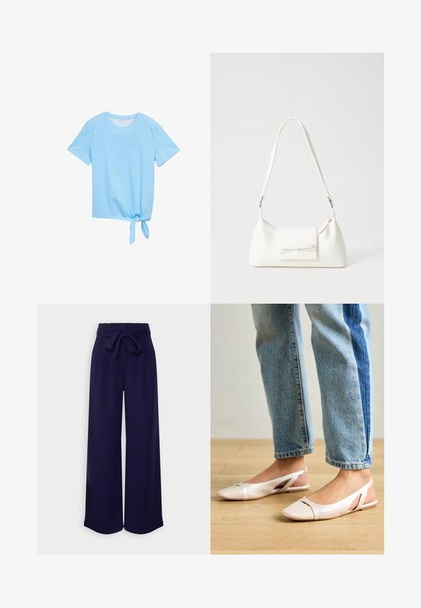 Modrá pruhovaná tričko s krátkym rukávom, okrúhlym výstrihom a detailom viazania na leme. Vyrobené z mäkkej, ľahkej látky.; Anna Field Nohavice - dark blue; Svetloružové slingback baleríny s jemne špicatou špičkou, vyrobené z hladkého materiálu pripomínajúceho kožu. Majú výrezové detaily na stranách a plochý opätok.; Biela syntetická kabelka s trojuholníkovým tvarom, plochým predným klapkou a detailom mašle, nastaviteľným popruhom, hladkou textúrou a minimalistickým dizajnom.