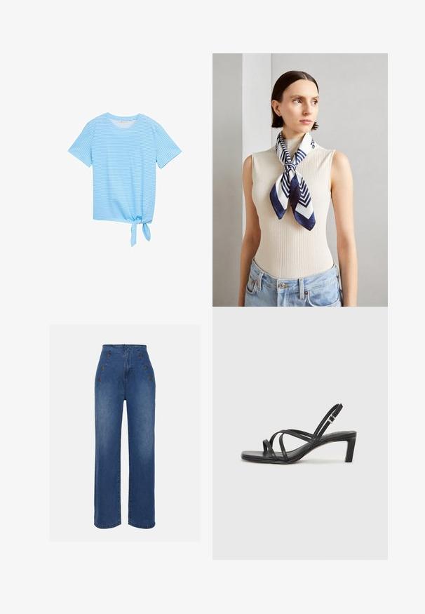 Modra prugasta majica s kratkimi rokavi in okroglim izrezom ter z detajlom zavezovanja na robu. Narejena iz mehke, lahkotne tkanine.; Hlače iz jeansa z visokim pasom v srednje modri barvi. Imajo okrasne gumbe spredaj in širok kroj. Tkanina ima gladko teksturo z rahlim zbledelostjo.; Črne natikače s trakovi in kvadratnim prstom ter nizkim blokastim peto. Imajo več tankih trakov in nastavljiv trak okoli gležnja. Narejene so iz gladkega usnja.; Svila šal v temno modri in beli barvi z geometrijskim cikcakom. Gladka tekstura, lepo zavezan okoli vratu, ki dopolnjuje rebrasto majico.; Črna usnjena torba s gladko teksturo, strukturirano obliko, dvema ročkama in izrazitim srebrnim sponko na sprednji strani.