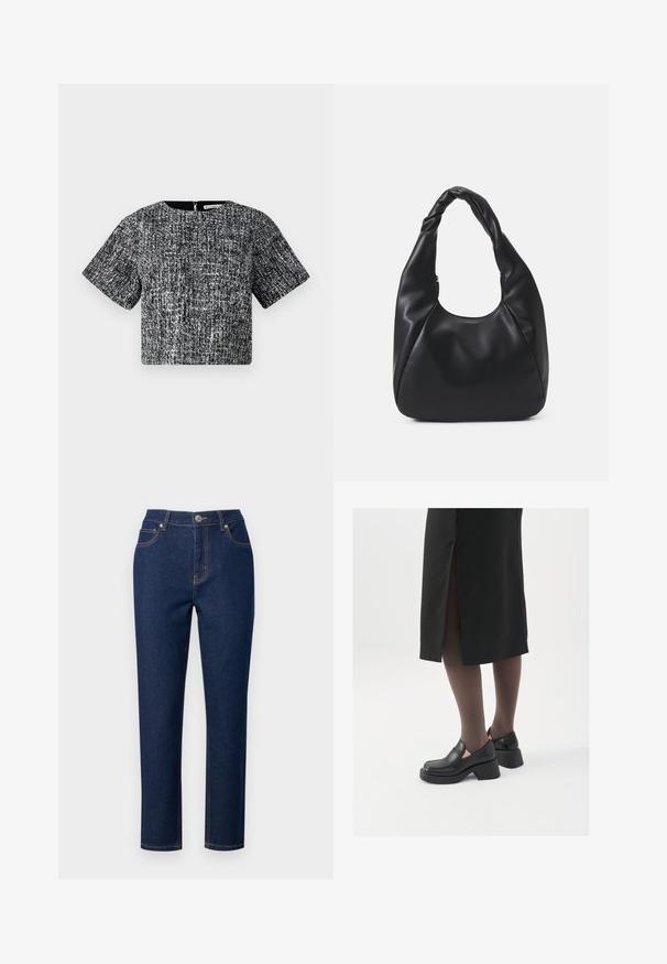 Lühikeste varrukatega lühikese lõikega topp musta ja valge tekstuuriga kangast. Omab ümarat kaelust ja peidetud tagumist lukku.; Tumedad sinimõõdulised teksased sirge lõikega, millel on tõmblukk, nööbikinnitus ja aktsentõmblused taskutes ning õmblustes.; Mustad mustad jalatsid ümmarguse varbaga, paksu plokkniidi ja elastsete külgdetailidega, kombineeritud tumedate sukkade ja musta lõhikuga seelikuga.; Must värvi hobo kott, mis on valmistatud siledast nahataolisest materjalist, keeratud käepidemega, pehme ja ümar kuju ning ülemise tõmblukuga sulgur.