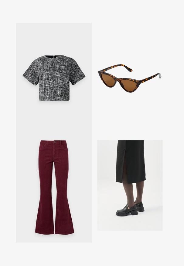 Haut court à manches courtes en tissu texturé noir et blanc. Il présente un col rond et un zip caché dans le dos.; Jean en velours côtelé bourgogne à jambes évasées, avec cinq poches, une fermeture à bouton sur le devant et un tissu texturé. Les évasements s'étendent du genou à l'ourlet.; Chaussures noires en cuir avec un bout arrondi, un épais talon bloc et des accents latéraux élastiques, associées à des bas foncés et une jupe noire avec une fente.; Lunettes de soleil style œil de chat avec une monture en écaille de tortue noire et orange, verres marron et pointes effilées et élégantes. Présente un logo minimaliste sur la branche.
