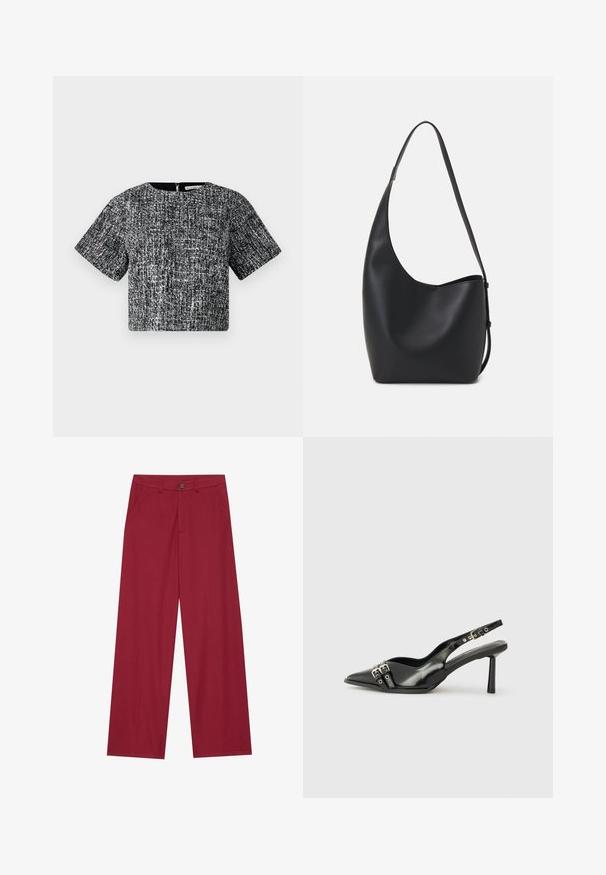 Top scurt cu mâneci, cropped, dintr-un material texturat alb-negru. Are un guler rotund și un detaliu cu fermoar ascuns la spate.; Pantaloni evazați dintr-un material texturat și neted, de culoare roșu închis. Au buzunare frontale și un sistem de închidere cu un singur nasture la talie.; Pantofii slingback din piele lăcuită neagră, cu vârf ascuțit, bretele pentru gleznă cu catarame și accesorii din argint, și un toc subțire.; Geantă hobo din piele neagră, cu o textură netedă, formă curbată și un singur bretele ajustabil; are o deschidere largă în partea de sus.