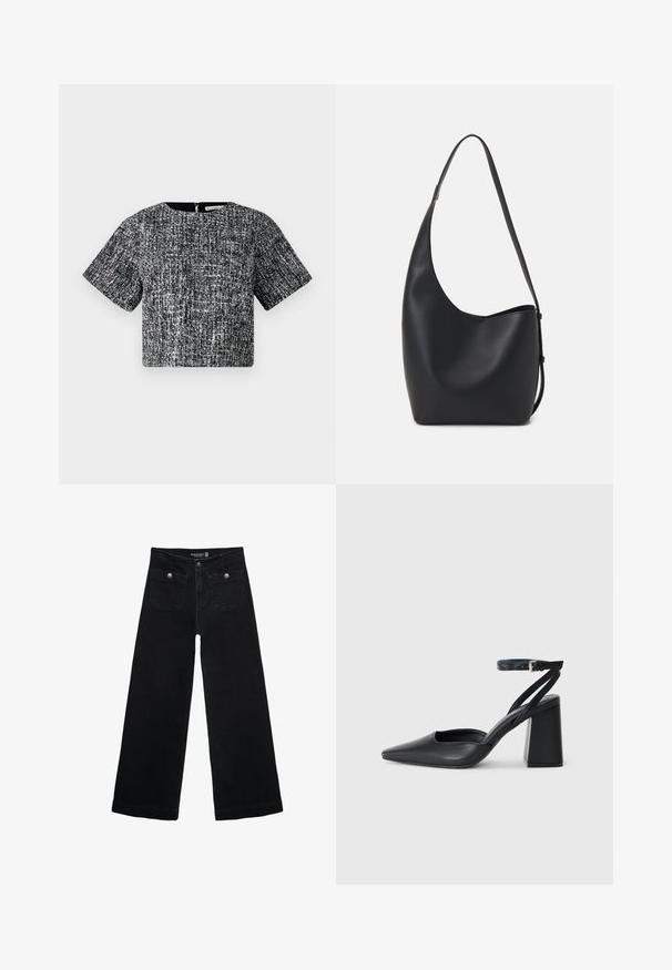 Kortærmet cropped top i sort og hvid tekstureret stof. Har en rund halsudskæring og en skjult lynlåsdetalje på ryggen.; Sorte vidde jeans med høj talje, der har to forlommer og metalknapdetaljer. Stoffet har en glat tekstur.; Sort læder spidse pumps med ankelrem og en chunky hæl. Flad tekstur, slankt design og minimalistisk æstetik.; Sort læder hobo taske med en glat overflade, buet form og en enkelt justerbar rem; har en bred åbning øverst.