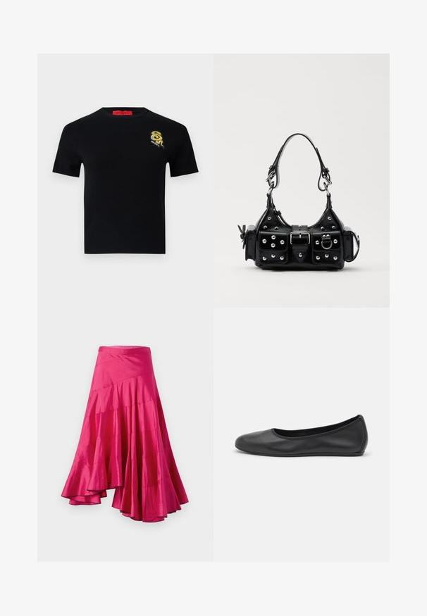 Zwarte trui met korte mouwen en een ronde hals. Bevat een gedetailleerd geborduurd slangenlogo in goud en zwart op de linkerborst.; Magenta satijnen rok met een uitlopende zoom, voorzien van gelaagde panelen en een asymmetrisch ontwerp. Gladde textuur en halflange snit.; Zwarte leren ballerina met een ronde neus, gladde textuur, minimale stikdetails en een flexibele zoolontwerp.; Zwarte lederen handtas met een gebogen ontwerp, voorzien van zilveren studs, een gesp en twee zijvakken. Verstelbare schouderband voor verschillende draagmogelijkheden.