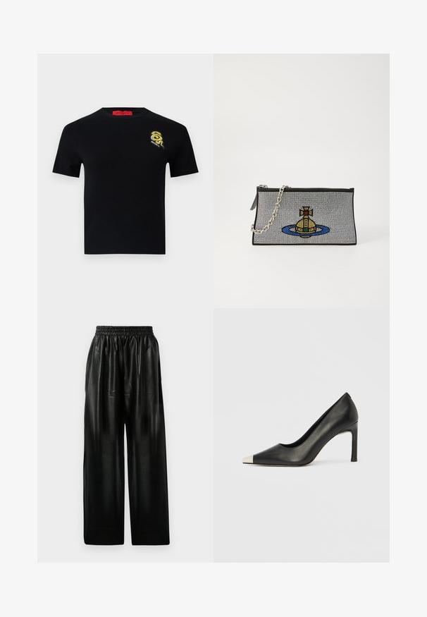 Black short-sleeve sweater with a round neck. Features a detailed embroidered snake logo in gold and black on the left chest.; Black leather wide-leg pants with an elastic waistband, featuring two side pockets and a smooth, shiny texture.; Black leather high heel shoe with a pointed toe and a metallic silver cap. Features a smooth finish and a slender 10 cm heel.; Black clutch bag with silver chain strap, featuring a colorful beaded design of a yellow submarine surrounded by a blue ring.