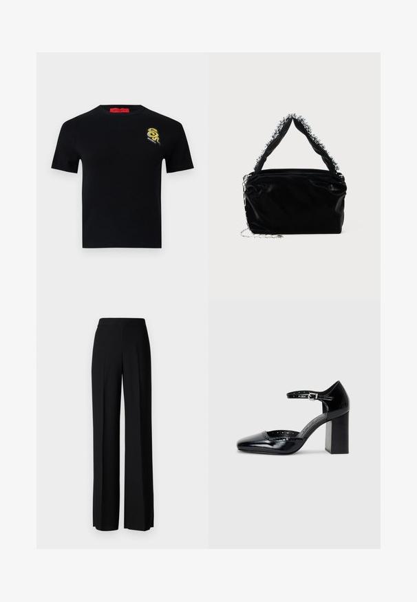 Juodas trumpas rankovėmis megztinis su apvaliu iškirpimu. Yra išsamiai siuvinėtas gyvatės logotipas auksinės ir juodos spalvų kairėje krūtinės pusėje.; Juodi platūs kelnių kelnės su lygiu paviršiumi, turinčios aukštą liemenį ir centrinės raukšlės. Nėra matomų raštų ar metalinių detalių.; Juodos lakuotos aukštakulnės bateliai su kvadratine nosimi, kulkšnies dirželiu ir masyviu kulnu. Apima perforuotus detalizavimus aplink kraštą.; Juodas dirbtinės odos rankinė su tekstūruotu paviršiumi, su sidabriniu karoliukų akcentu viršutinėje rankenoje ir grandinine juosta.