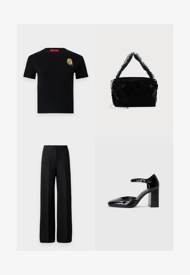Svart kortermet genser med rund hals. Har et detaljert brodert slangemotiv i gull og svart på venstre bryst.; Bredde ben sorte bukser med en glat, mat tekstur. Flad talje med ingen synlige hardware eller mønstre. Enkel og elegant design.; Sorte lakk lær høye hæler med firkantet tå, ankelrem og chunky hæl. Inkluderer perforerte detaljer langs kanten.; Svart veske i faux lær med tekstur, med en perlet sølvdetalj langs det øverste håndtaket og en kjede-rem.