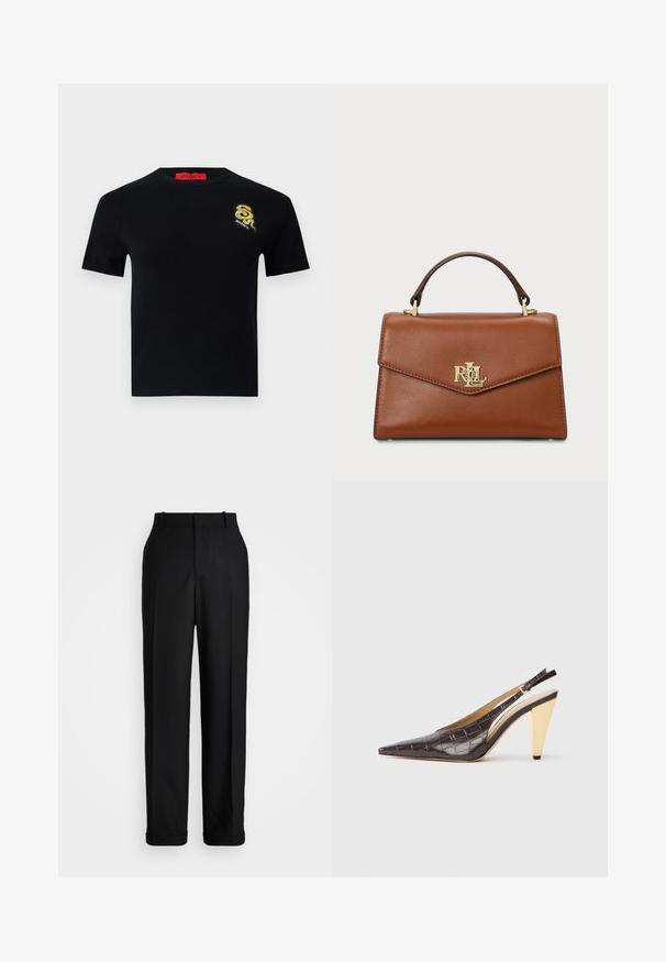 Črn pulover s kratkimi rokavi in okroglim izrezom. Vključuje podrobno izšito logo zanko v zlati in črni barvi na levem prsnem delu.; Polo Ralph Lauren HIGH RISE RELAXED STRAIGHT TROUSER - Hlače - black; Slingback peto s koničastim nosom, v temno rjavi sijoči umetni krokodilji usnjeni različici. Ima zlate geometrijske pete in nastavljiv ankel trak.; Rjava usnjena torbica z oblikovano zasnovo, zgornjim ročajem, zlatimi dodatki in logotipom na sprednji strani. Gladka tekstura.