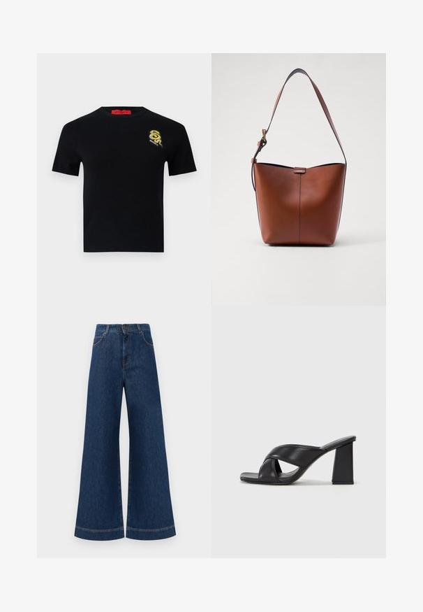Black short-sleeve sweater with a round neck. Features a detailed embroidered snake logo in gold and black on the left chest.; Wide-leg blue denim jeans with a high waist, featuring a button closure, belt loops, and subtle stitching details along the pockets and hems.; MAX&Co. SOHO - High heeled sandals - schwarz; Brown leather shoulder bag with a curved shape, smooth texture, and a single thin strap. Features a subtle seam and a small logo detail.