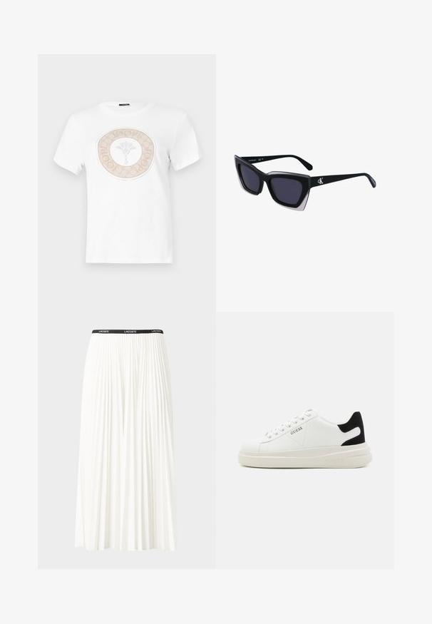 Hvit bomull t-skjorte med et sirkulært beige logo-design med et blomstermotiv i sentrum og tekst rundt kanten.; Plissert hvit skjørt med en svart elastisk midje som har "LACOSTE"-logoen. Midjelengde design med myk tekstur.; Hvite lær sneakers med tykk hvit såle, svart semsket hælforsterkning og preget logo på siden. Snøresystem med seks hull.; Store svarte solbriller i overdimensjonert størrelse med geometrisk form, med mørke linser og en kontrasterende grå detalj på rammen. Logo på armen.