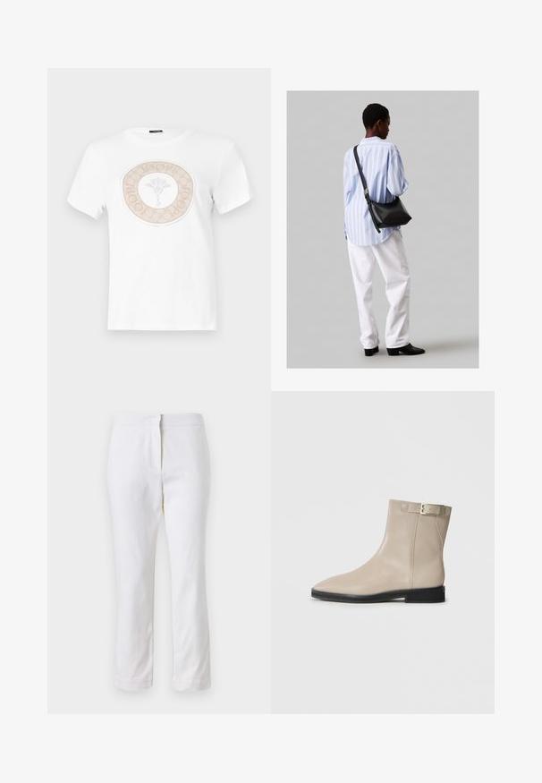 Bílý bavlněný tričko s kulatým béžovým logem, které má ve středu květinový motiv a text kolem okraje.; Bílé bavlněné kalhoty s rovnou nohavicou, s středně vysokým pasem a bez viditelných kovových prvků nebo vzorů. Hladká textura po celém povrchu.; Béžová kožená kotníková bota s špičatou špičkou, černou podrážkou, nízkým podpatkem a zlatým popruhem na vnějším boku, prezentována na bílém pozadí.; Černá kožená kabelka přes rameno s jemnou texturou, trojúhelníkovým tvarem a nastavitelným popruhem, v kombinaci se světle modrou pruhovanou košilí a bílými kalhotami.