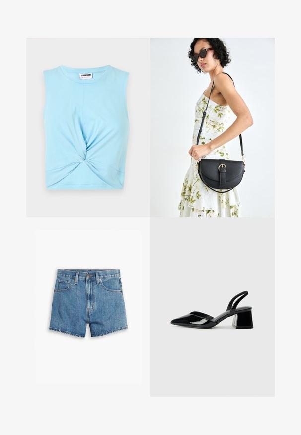 Gaiši zils bezpiedurkņu kroplis, izgatavots no mīkstas kokvilnas, ar pagrieztu detaļu priekšpusē un apaļu izgriezumu.; Gaiši zili džinsu šorti, kas aprīkoti ar piecām kabatām, rāvējslēdzēja aizdari un pogu aizdari. Apakšmala ir saplēsta, un izskats ir brīvs.; Melna lakota āda ar atvērto papēdi, ar smailu purngalu un ģeometrisku blokpapēdi. Iezīmējas elegants, minimāls dizains un gluda tekstūra.; Melnas ādas rokassoma ar izliekta formu, noņemamu siksnu un zelta aksesuāriem. Somai ir vāciņš ar sprādzes detaļu.