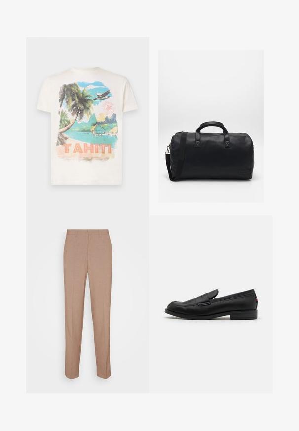 Vilebrequin PORTISOL - Potiskana majica - off white; Bež hlače po meri iz gladkega, teksturiranega tkanja. Ravnega kroja z elastičnim pasom brez vidnih okraskov ali žepov.; Črne usnjene mokasine z gladko površino, zaobljenim nosom in majhnim okrasnim preklopom. Imajo nizek zložen peto in subtilen detajl blagovne znamke.; Črna torba za šport z teksturiranim sintetičnim materialom. Ima dve ročaji in nastavljiv ramenski trak. Preprost dizajn brez vidnih vzorcev.