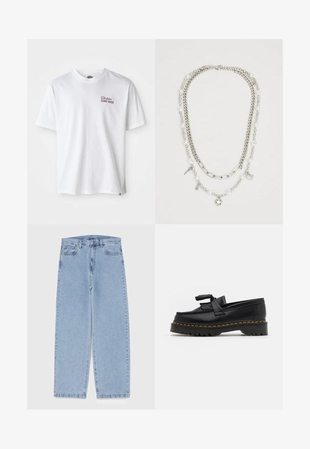 Vit bomull t-shirt med "Dickies Donut House"-logotyp i röd färg på vänster bröst, korta ärmar och rundad halsringning.; Ljusblå denimjeans med rak bendesign, midjehög midja, fem fickor samt knapp- och dragkedjestängning.; Svart läderloafer med en tofsdetalj, med en kraftig svart sula och gul söm längs kanten. Strukturerad yta.; Flerlagerhalsband med silverkedjor och pärlor med hängen, inklusive nycklar och en fyrkantig berlock. Slät struktur med glänsande yta.