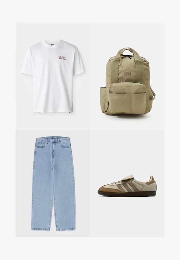 T-shirt de algodão branca com o logótipo "Dickies Donut House" em vermelho no lado esquerdo do peito, mangas curtas e decote redondo.; Jeans de denim azul claro com design de perna reta, apresentando uma cintura de altura média, cinco bolsos e um fecho de botão e zíper.; Sapatilha atlética em castanho e creme com três riscas bege, materiais em camurça e pele, design de atacadores e sola de borracha. Logótipo em texto de lado.; Mochila caqui com alças almofadadas, bolso frontal e um logótipo redondo. Feita de um tecido durável, apresenta uma pega superior e um bolso lateral.