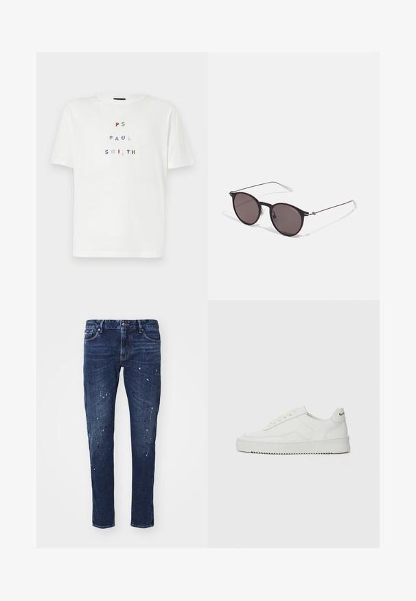 Camiseta blanca de algodón con texto multicolor de lentejuelas que dice "PS PAUL SMITH" en un diseño de letras en bloque. Corte relajado, cuello redondo.; Jeans de mezclilla oscura con corte slim, que presentan manchas de pintura, costuras visibles y diseño clásico de cinco bolsillos. Corte recto.; Zapatilla de cuero blanca con un acabado suave, puntera redonda, cordones planos y suela texturizada. Cuenta con un sutil logo en el talón.; Gafas de sol redondas negras con lentes oscuros y brazos metálicos delgados. Incluye puntas de varilla transparentes y acentos plateados en la bisagra. Diseño minimalista.