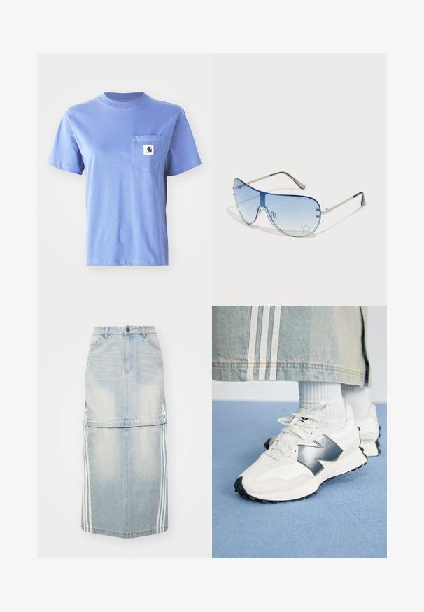 Tricou din bumbac de culoare albastru deschis, cu guler rotund, mâneci scurte, un buzunar pe piept și un mic patch cu logo pe buzunar.; Fustă midi din denim de culoare bleu deschis, cu dungi pe lateral, talie ajustată și buzunare în față. Textura uzată adaugă detalii.; Adidași albi pentru sport cu un accent argintiu, țesătură texturată și piele fină; având o talpă din cauciuc negru și șireturi.; Ochelari de soare aviator cu lentilă gradient albastră, ramă metalică argintie și accente decorative sub formă de stele pe lentilă. Design neted și elegant.
