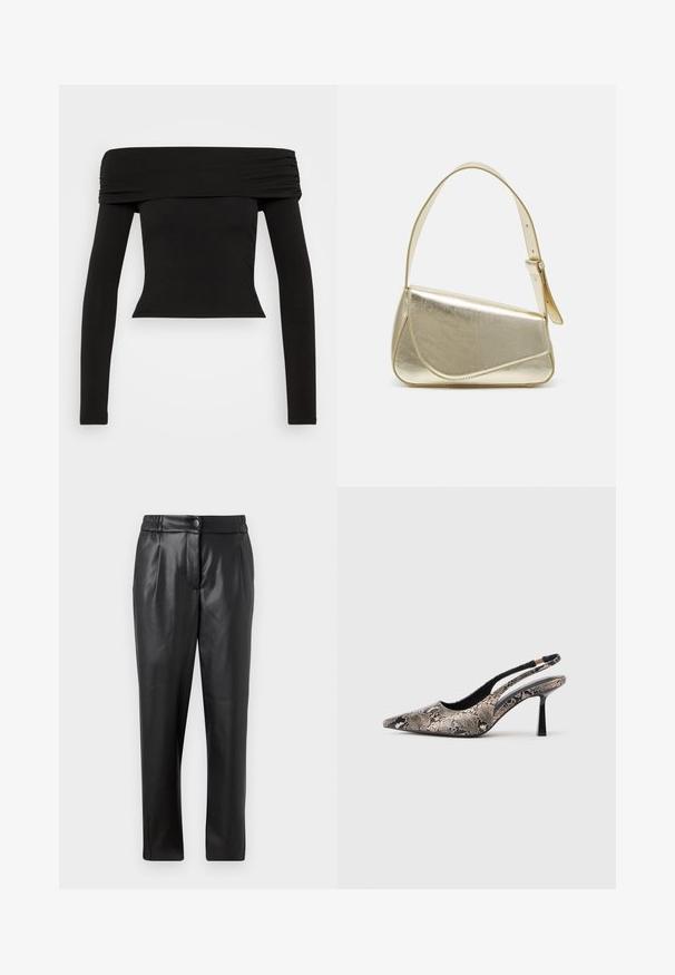 Fekete, vállról lelógó, hosszú ujjú felső rugalmas anyagból. A nyak körül ráncolt részletek találhatóak, és a siluettja testhez simuló.; Fekete bőr nadrág sima textúrával, egyenes szabással, rugalmas derékkal és elülső gombos záródással; pliszírozott részletezéssel és szűkített lábakkal.; Ívelt orrú slingback cipők, amelyek texturált kígyóbőr hatású anyagból készültek, karcsú fekete sarokkal és oldalsó kivágásos dizájnnal rendelkeznek.; Arany fémes kézi táska, strukturált dizájnnal, sima felülettel és állítható pánttal. Egyedi háromszög alakú, minimalistának mondható varrásokkal rendelkezik.