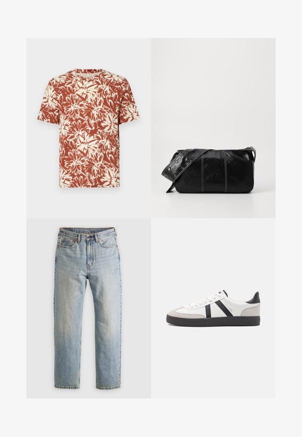 Short-sleeved t-shirt in rust with a floral print in cream, featuring a round neckline and relaxed fit. Made from lightweight fabric.; Light blue denim jeans with high waist, front button, zipper, and five-pocket design, laid flat on a neutral background.; White sneaker with black and gray accents, featuring a textured gray toe cap, black rubber sole, and flat white laces. Clean design, minimalist style.; Black leather shoulder bag with a zip closure, featuring a textured body, white stitching, and a strap with silver grommets.