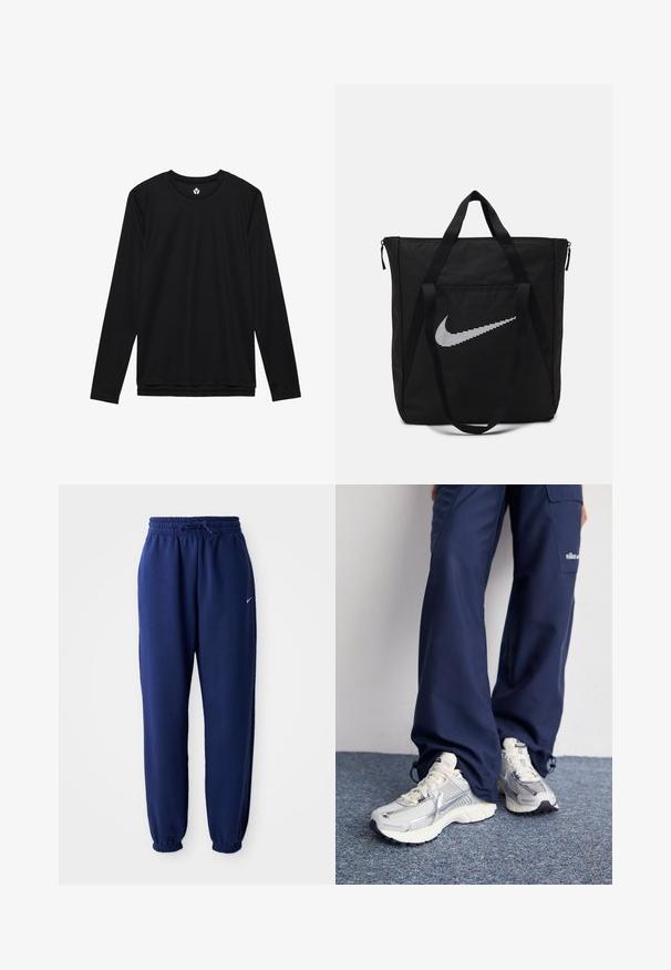 Schwarzes Langarmshirt mit rundem Ausschnitt, gefertigt aus glattem Stoff, mit feiner Struktur und geradem Saum.; Dunkelblaue Sweatpants aus weichem Material, mit einem elastischen Bund und Kordelzug, elastischen Bündchen und einem kleinen weißen Logo.; Nike Sportschuhe mit einem silbernen Mesh-Obermaterial, weißen Akzenten und strukturierten Sohlen, kombiniert mit locker sitzenden marineblauen Hosen.; Schwarze Nylon-Tragetasche mit zwei stabilen Griffen und Reißverschluss. Enthält ein auffälliges weißes Nike-Swoosh-Logo in einem horizontalen Streifendesign.