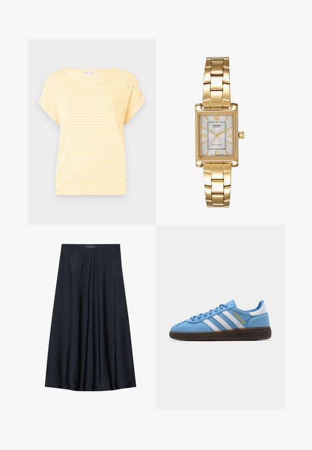 Camiseta amarilla de manga corta con rayas horizontales blancas. Cuenta con un cuello redondo y puños enrollados. Fabricada con un tejido ligero.; Falda negra, de largo hasta la rodilla, hecha de una tela ligera con un diseño fluido. Presenta una textura suave y pliegues sutiles como detalle adicional.; Zapatillas de ante azul claro con rayas de cuero blanco, suela texturizada marrón y detalle de logotipo dorado. Diseño de perfil bajo con puntera redondeada.; Reloj de pulsera rectangular de tono dorado con esfera blanca, marcadores de horas de tono plateado y una duradera pulsera de metal. Incluye función de resistencia al agua.