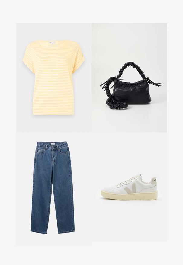 Gul kortærmet t-shirt med hvide vandrette striber. Har en rund halsudskæring og op-rullet ærmekant. Lavet af letvægtsstof.; Klassiske blå denimbukser med lige ben, fem lommer og knaplukning. Har en medium vask og en robust tekstur.; Hvide lærreds sneakers med beige ruskindsdetaljer, perforeret tåboks, flade snørebånd og en struktureret cremefarvet sål. Har diskret branding på hælen.; Sort kunstlæder håndtaske med krokodilteksur, indsnøret top og en sammenkrøben rem. Ser blød og kompakt ud i designet.