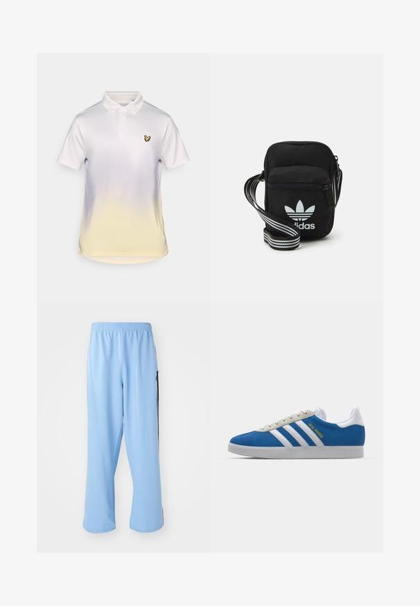 White polo shirt featuring a yellow gradient at the bottom, a classic collar, and a small black bird logo on the left chest.; Light blue athletic pants made from smooth fabric, featuring an elastic waistband and contrasting black side stripes.; adidas Originals ADIDAS GAZELLE SHOES - Indoor football boots - real madrid/bluebird/footwear white/crew yellow; Black fabric crossbody bag with a zipper closure, featuring a white Adidas logo and a striped adjustable strap for easy carrying.