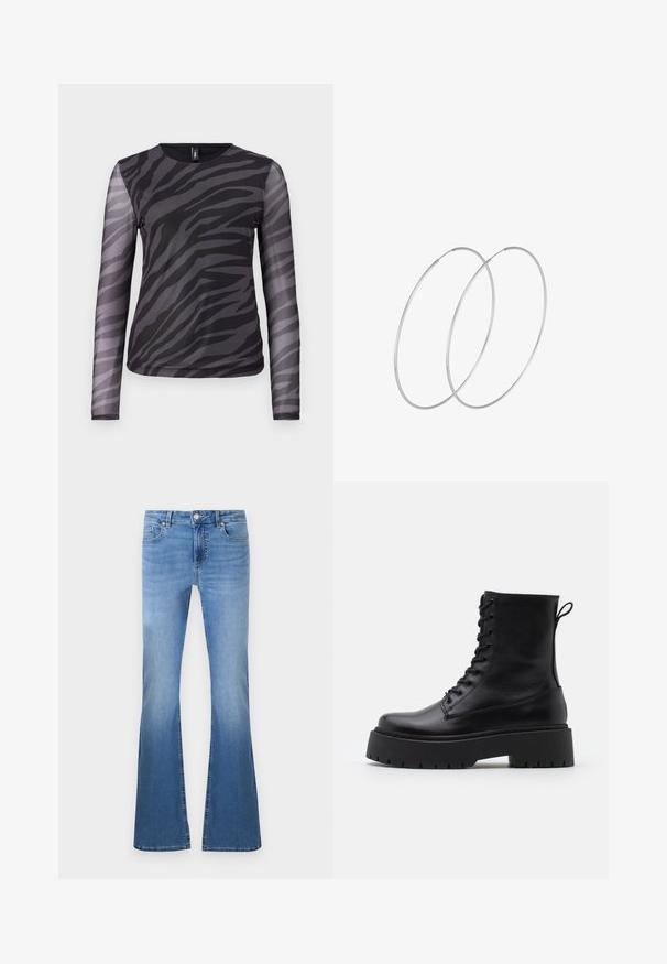 Pikkade varrukatega topp, mis on kaunistatud musta ja halli zebra triibumänguga, valmistatud kergest võrgumaterjalist ning ümara kaelusega.; Heled sinised laiad teksad, millel on kulunud viimistlus, esipaneelil nööp ja tõmblukk, viie taskuga kujundus ja nähtavad õmblused.; Mustad mustad nahast pahkluu saapad ümarate varvastega, nööridega esiosas ja paksu kummist talla ning tekstuuritud mustriga. Tagumine tõmbeaas.; Hõbedased rõngastikkaehingad minimalistlikus disainis. Ümar kuju, sile tekstuur ja õhuke profiil. Kerged ning poleeritud viimistlusega.