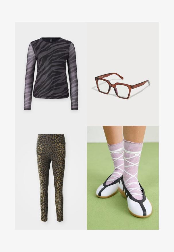 Ilga rankovė palaidinė su juodai pilkų zebrų dryžių raštu, pagaminta iš lengvo tinklinio audinio su apvaliu iškirpimu.; Ledo spalvos leggingai su leopardų raštu, aukštu juosmeniu, elastinga medžiaga ir juodais akcentais šviesiai rudame fone, sukurti patogumui ir pritaikymui.; Balti plokšti batai su juodu apvadu ir padu, derinami su šviesiai violetinėmis raukšlėtomis kojinėmis, turinčiomis baltomis kryžminėmis juostelėmis. Nustatyti žaliame fone.; Rudos per didelius stačiakampius akinius su skaidriais lęšiais ir šiek tiek rožiniu atspalviu dešiniajame lęšyje. Plastiko rėmas su lygiu paviršiumi.