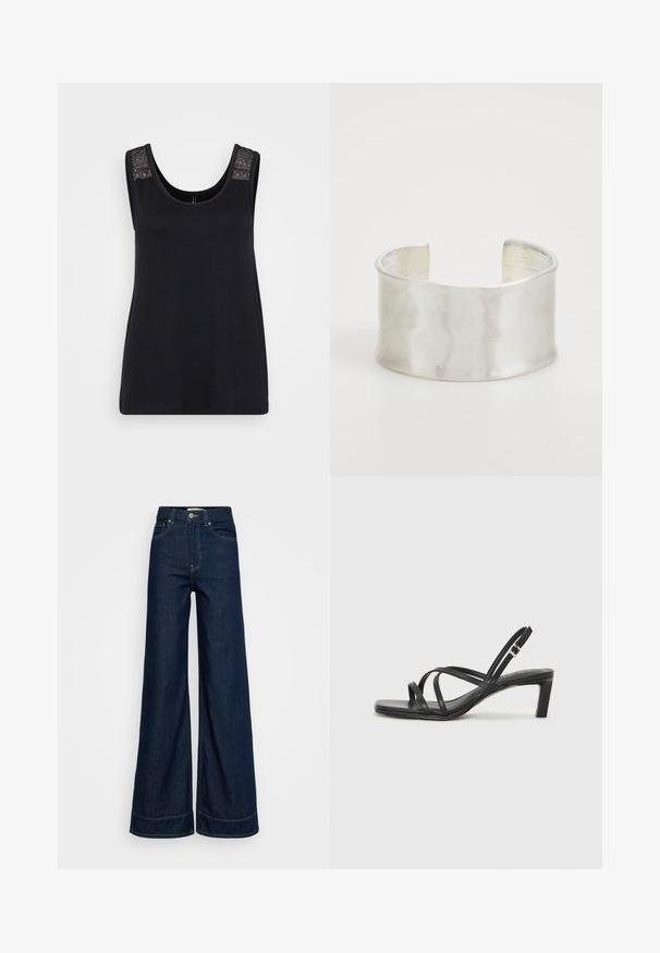 Černý top bez rukávů z měkké látky s kulatým výstřihem a texturovanými krajkovými detaily na ramínkách.; Tmavě modré vysoké kalhoty s širokými nohavicemi, předními kapsami, poutky na opasek, zapínáním na knoflík a viditelným švem na bílém pozadí.; Černé sandály na tenkém podpatku se čtveratou špičkou a nízkým blokovým podpatkem. Mají několik tenkých popruhů a nastavitelné zapínání okolo kotníku. Vyrobeny z hladké kůže.; Zign Náramek - silver-coloured