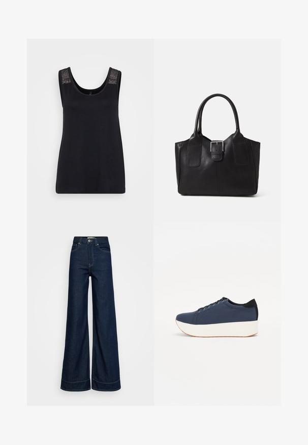 Crna majica bez rukava izrađena od mekog materijala, s okruglim dekolteom i teksturiranim čipkastim detaljima na naramenicama.; Tamne tamno visok struk tamno plavi široki traperice s prednjim džepovima, petljama za remen, kopčanjem na dugme i vidljivim šavovima na bijeloj pozadini.; Tamno plavi tenisice s teksturiranim gornjim dijelom, bijelim platformom, zaobljenim vrhom i crnim naglaskom na peti. Imaju šest rupica za vezice.; Crna kožna torba za nošenje s glatkom teksturom, strukturiranim oblikom, dvije ručke i istaknutim srebrnim kopčanjem na prednjoj strani.