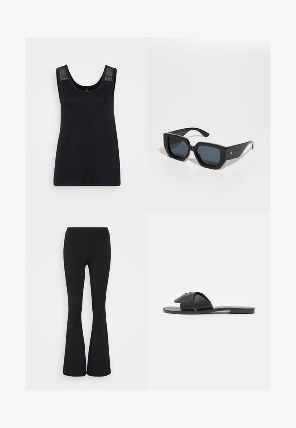 Black tank top made from soft fabric, featuring a scoop neckline and textured lace accents on the shoulder straps.; Black flared pants made of stretchy fabric, featuring a high waistband and a smooth texture. The pants flare out from the knee.; Black slip-on sandal with crossed straps. Made of smooth leather with a flat sole and minimal stitching. Simple, open-toe design.; Black oversized sunglasses with a geometric design, rectangular lenses, and glossy finish. No visible branding on the front.; Black leather shoulder bag with a curved design, prominent buckle closure, and white stitch detailing. Adjustable strap included.; Gold hoop earrings with a smooth, rounded design. Features a small hinge closure, lightweight appearance, and a polished finish.