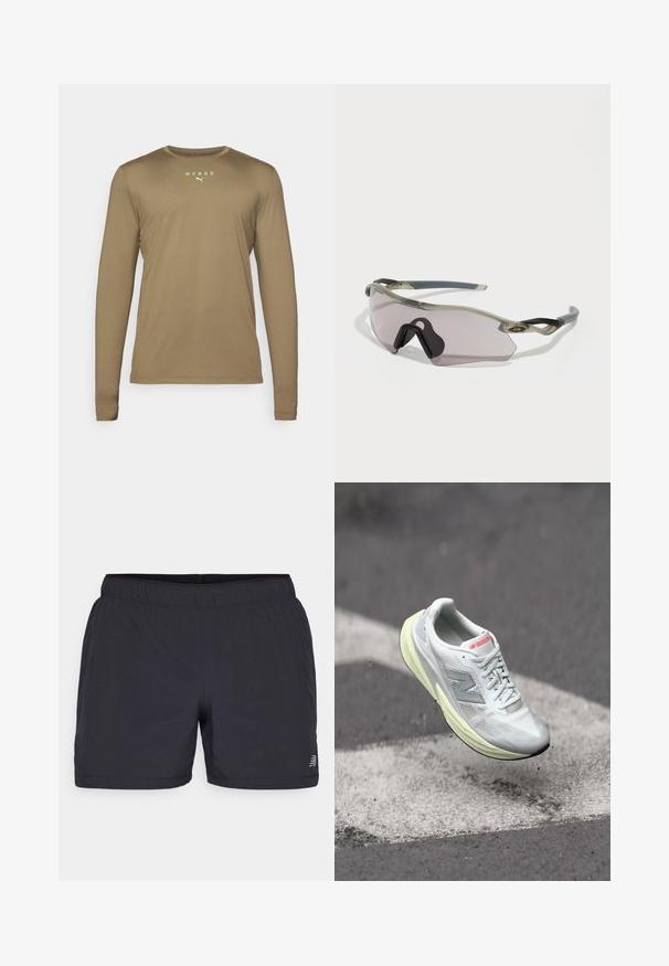 Dolga majica za šport v olivno zeleni barvi iz gladkega materiala. Ima odsevno neonsko rumeno oznako "HYROX" in logotip Puma na prsih.; Črne športne kratke hlače z elastičnim pasom, lahkotna tkanina in diskreten logotip na spodnji levi strani. Gladka tekstura.; Lahki tekaški čevelj z belim mrežastim zgornjim delom, rumenim podplatom in sivo obrobo. Ima izstopajoč logotip 'N' in teksturirano površino.; Sončna očala s prosojnim sivim okvirjem, toniranimi lečami in kotno obliko. Imajo značilno nosno oporo in teksturirane temne sive ročke.