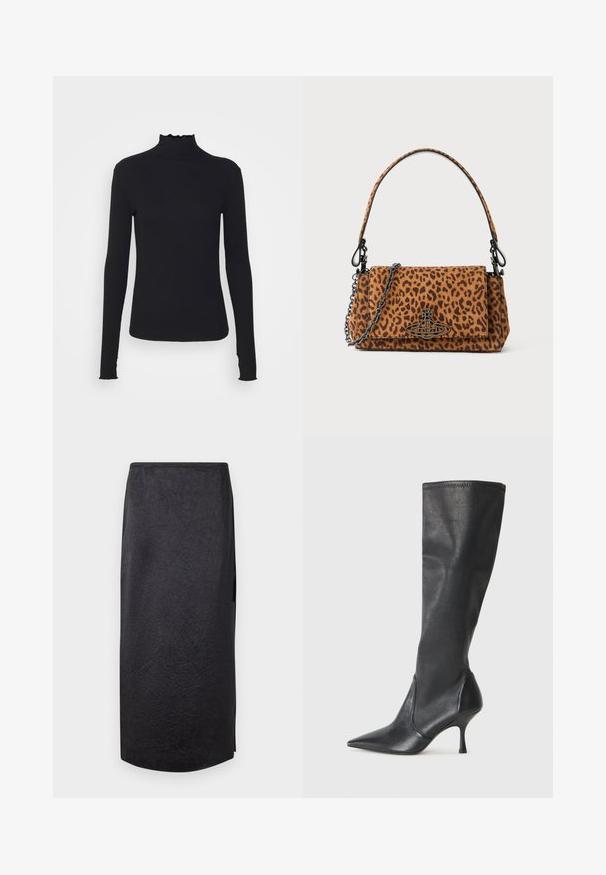 Čierny dlhý rukáv turtleneck top vyrobený z hladkej látky, s volánovým golierom a priliehavou siluetou s jednoduchými okrajmi.; Čierna midi sukňa s vrúbkovanou textúrou, rovný strih a bočný rozparok. Materiál vyzerá ľahký. Spodný okraj je mierne zakrivený.; Čierne kožené čižmy do výšky kolien s špicatou špičkou a úzkym stiletto podpätkom. Hladká textúra s priliehavým dizajnom a prešitím na vrchnom okraji.; Listová taška s leopardím vzorom vyrobená z semišu, má krátku rukoť, reťazový popruh a čierny kovový uzáver. Má obdĺžnikový tvar a uzatváranie na klapku.