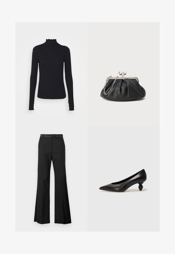 Juodas ilgomis rankovėmis turtleneko tipo viršus, pagamintas iš lygaus audinio, su raukšlėtu kaklu ir prigludusia siluetu, turinčiu paprastus kraštus.; Juodos plačios kelnės su lygiu audiniu, turinčios vientisą juosmenį ir presa raktus, suteikiančius aptakų įvaizdį.; Juoda odinė aukštakulnė bateliai su smailiu pirštu ir apvaliu, iškiliu kulnu. Lygus paviršius su elegantišku, minimalistiniu dizainu.; Juodas odinis delninukas su susiraukusiu tekstūru, sidabrinės spalvos metalo rėmas, uždaromas užsukamu užtrauktuku bei grandinėlės dirželis. Lygus, minkštas paviršius.