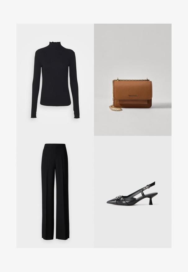 Top preto de manga longa com gola alta, feito de um tecido suave, apresentando uma gola fruncida e uma silhueta ajustada com bordas simples.; Calças largas pretas com uma textura suave, apresentando uma cintura alta e pregas centrais. Sem padrões visíveis ou detalhes em metal.; Sapato slingback em couro preto com biqueira fina, tiras decorativas com ilhós de metal e um pequeno salto quadrado. Superfície texturizada.; Bolsa crossbody de couro texturizado castanho com alça de corrente dourada e fecho com aba. A parte da frente apresenta detalhe do logótipo e um bolso sob a aba.
