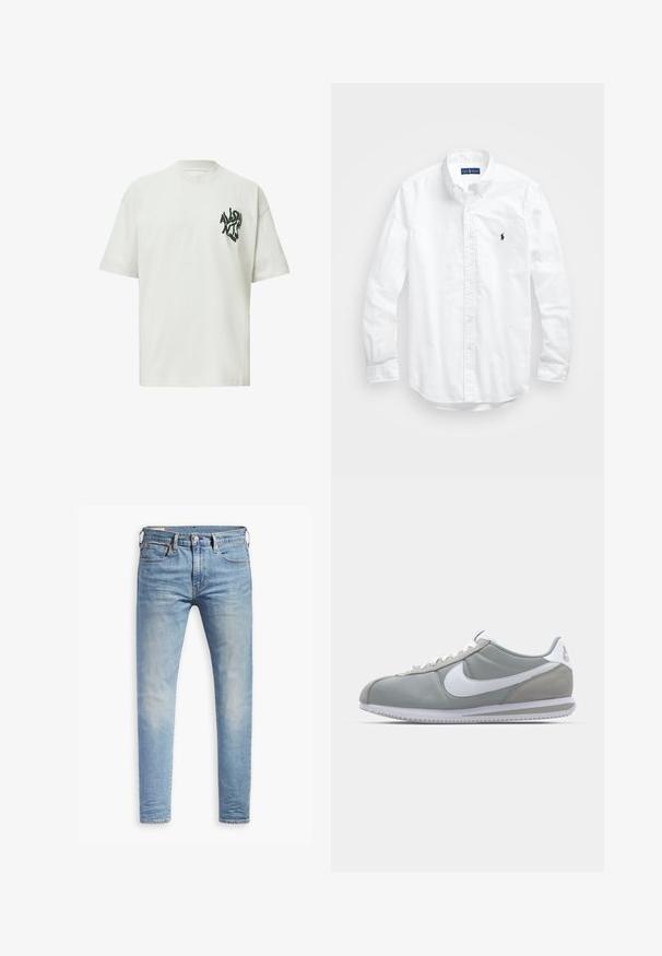 Camiseta blanca de gran tamaño con mangas cortas y texto distorsionado en negro que dice "AllSaints London" en el área del pecho izquierdo.; Camisa blanca de manga larga de algodón con botones. Presenta un cuello clásico, puños con botones y un pequeño logo bordado en azul marino en el pecho.; Vaqueros de mezclilla azul claro con corte ajustado, diseño de cinco bolsillos y un ligero desgaste. Presentan un cierre de botón y un dobladillo cosido.; Zapatilla deportiva gris con parte superior de ante y textil, swoosh blanco de Nike y cordones blancos. Presenta una suela de goma texturizada y un collar acolchado.