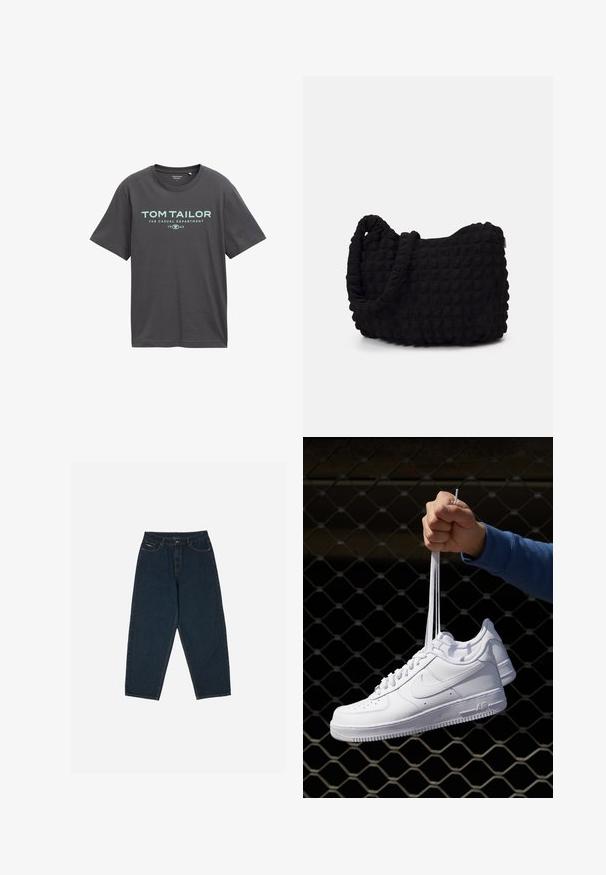 Tmavošedé bavlnené tričko s krátkymi rukávmi, okrúhlym výstrihom a tyrkysovým potlačeným textom, vrátane "TOM TAILOR" a "THE CASUAL DEPARTMENT."; Tmavomodré džínsy s vysokým pásom a uvoľneným strihom, s piatimi vreckami a zapínaním na gombík. Vyrobené z denimu s hladkou textúrou.; Biele kožené tenisky s perforáciami, okrúhlou špičkou, plochou podrážkou a hrubými šnúrkami, pričom majú viditeľné logo swoosh a nápis "AIR" na päte.; Čierna látková taška s textúrovaným, prešívaným vzorom. Zaoblený tvar, krátke, hrubé rúčky a mäkká, flexibilná konštrukcia.